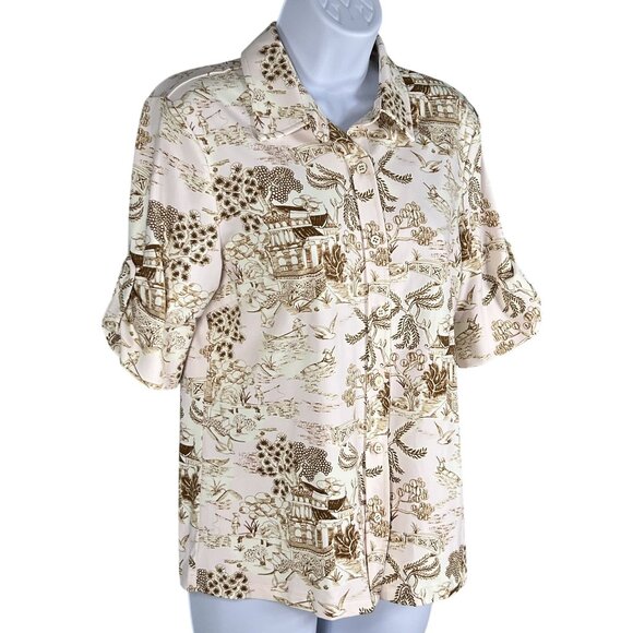 J.McLaughlin Womens M Beige Brown Toile Print Button Up Blouse Catalina Cloth Ar - Picture 5 of 14
